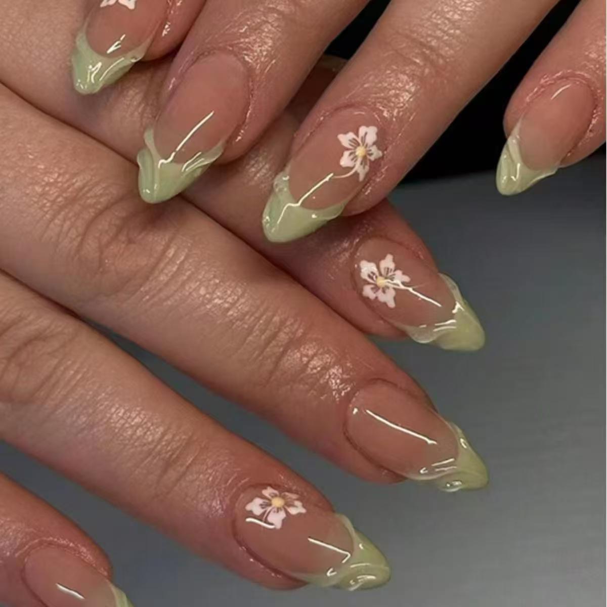 Pressed Flower Art - 24pcs Simple Green French Fake Nails